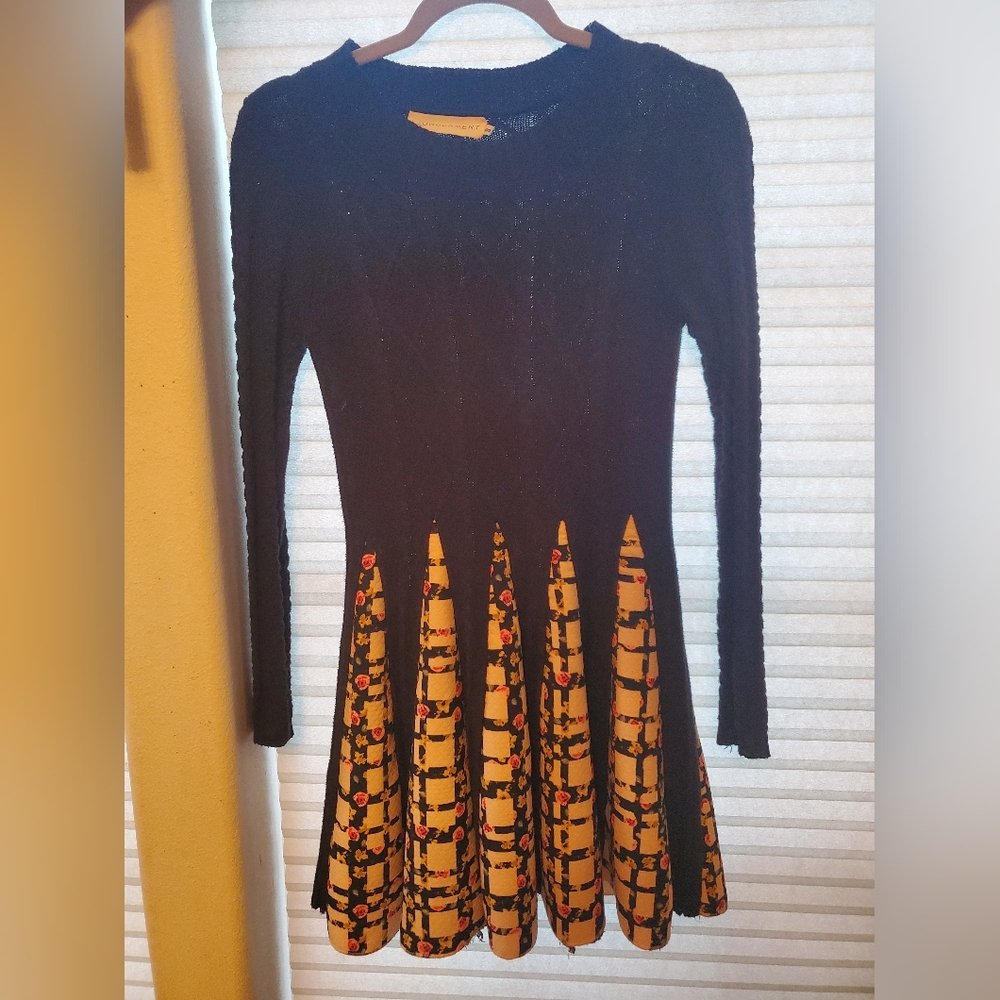 Wonderment Navy Blue Floral Cableknit Sweater Dress